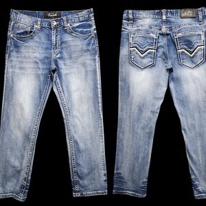 True‎ Luck Jeans Mens 32x30 (Fits as 31x29) Blue Whiskered Embroidered Straight